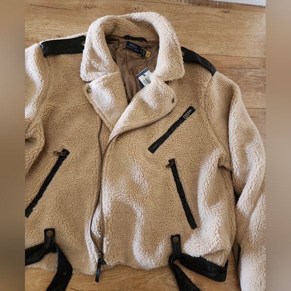 $398 NWT POLO RALPH LAUREN Women's XXL Moto Sherpa Fleece Jacket Leather Trim - Picture 3 of 13